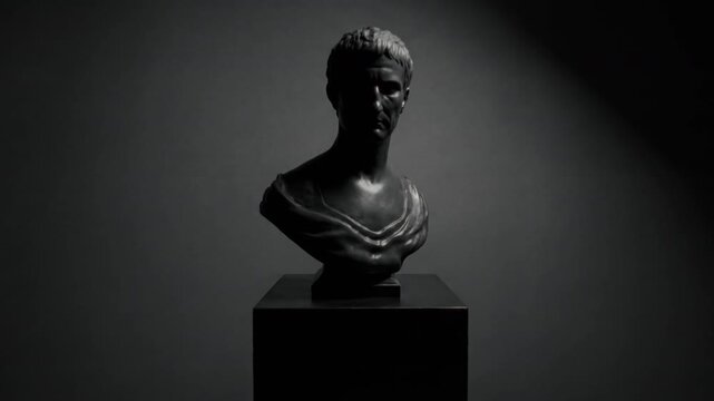 Shadowed bust with textured surface. Moody bronze sculpture illuminated dramatically. Expressive lighting highlights textured bronze surface emphasizing shadows and depth