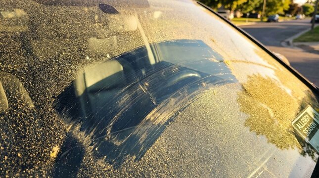POV of a dirty car windshield heavily covered in a thick layer of yellow spring pollen.