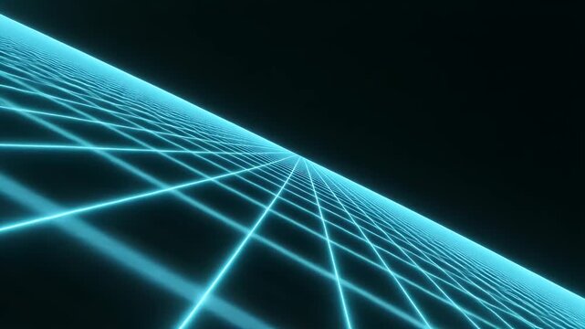 Glowing blue grid over undulating surface against dark sky. Low-angle perspective