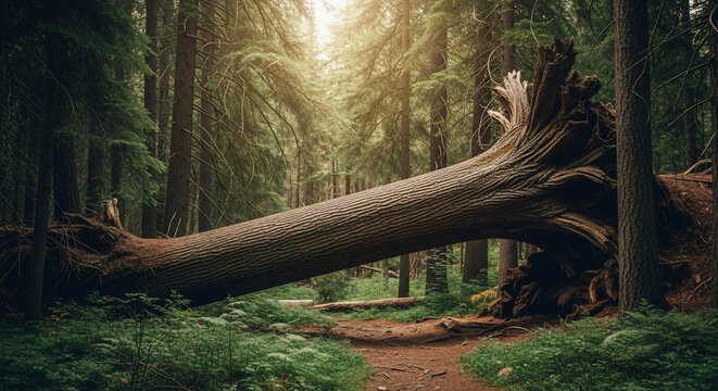 Fallen Tree's Embrace: Witness the raw power of nature as a colossal, fallen tree rests across a forest path, its weathered form a testament to time and the cycle of life.