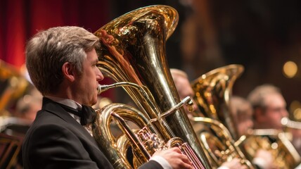 Musician plays tuba in orchestra during concert at local theater in evening