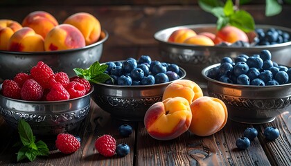 Naklejka premium Fresh Summer Fruits - Peaches, Blueberries, and Raspberries in Bowls.
