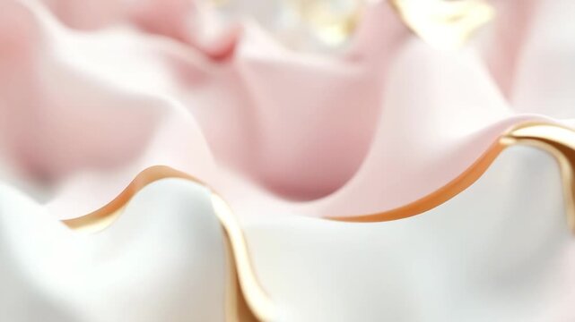 This piece highlights the beauty of fabric in soft pink and white tones, showcasing graceful folds and golden details. It focuses on the art of textile design and creativity