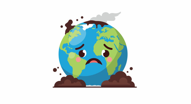 Illustration of a sad Earth with a frowning face buried in mud and debris on a white background with a cinematic feel and a somber mood.