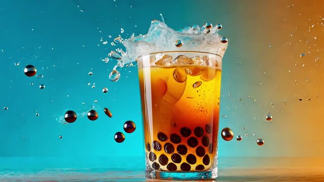 Refreshing Beverage with Bubbles and Colorful Pearls on Blue Background