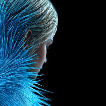 Profilansicht einer Person mit leuchtend blauen federartigen Haaren vor schwarzem Hintergrund