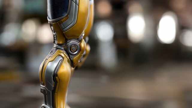 Nahaufnahme eines futuristischen goldenen und blauen Robotergelenks mit metallischen Details