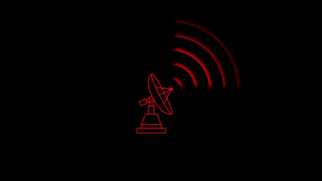 A red outline of a satellite dish transmitting a signal on black