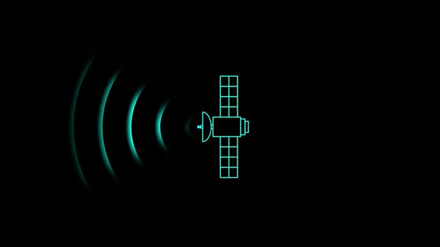 A glowing cyan satellite transmitting signals on a black background