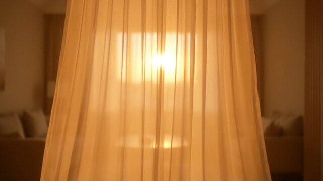 Soft morning light filtering gently through sheer, translucent curtains, creating a warm, ethereal glow and a serene, inviting atmosphere in a peaceful indoor setting