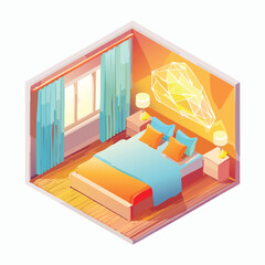Obraz premium Isometric bedroom illustration featuring bed curtains and geometric wall art