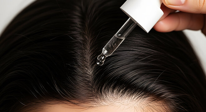 Dropper applying clear liquid serum to dark hair scalp image