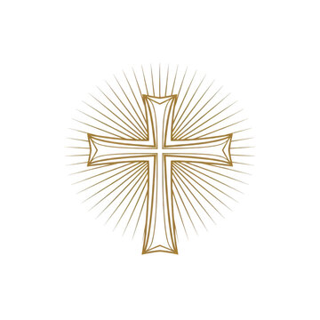 A gold cross on a white background with sunburst isolated on transparent background