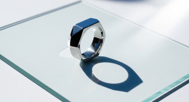 Polished stainless steel geometric ring with sharp facets and a prominent shadow on a reflective surface