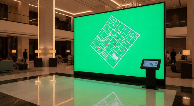 Large digital map screen displays interactive layout in modern lobby area with green interface