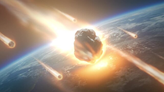 Fiery meteor storm entering atmosphere, multiple blazing fragments, luminous trails, shockwave glow, planetary rim illumination, highspeed reentry, catastrophic strike spectacle