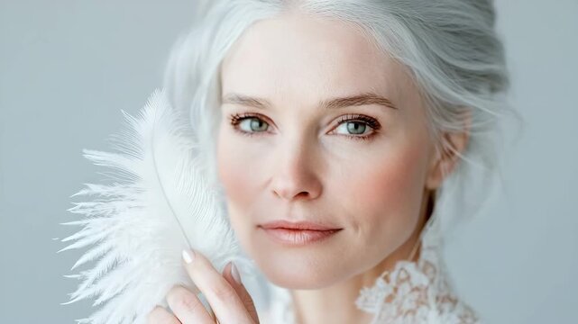 A refined woman with silver hair holds a white feather close to her face. She looks softly at the camera in a plain light room. The light highlights her features and creates a simple scene