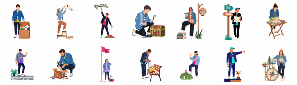 Collection of diverse characters engaged in fun geocaching, scavenger hunts, and outdoor treasure hunting adventures, illustrated in a flat, modern style.