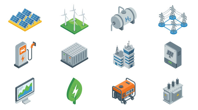 Isometric view of alternative energy source icons representing sustainable power options and eco-friendly technologies
