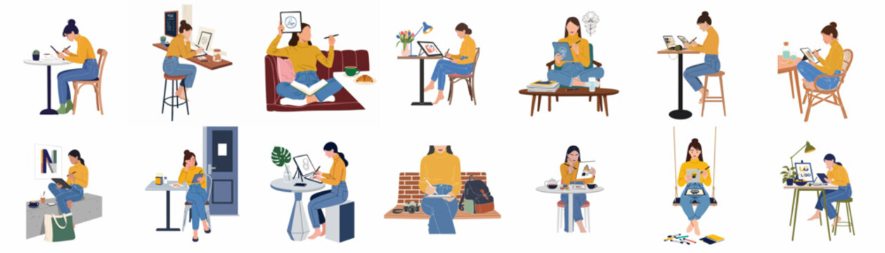 Vector illustration set of a young female digital artist and graphic designer working in various locations like cafes, home, and outdoors.