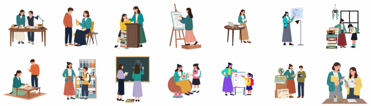 Flat vector illustration set of teachers and students in various educational scenarios like tutoring, classroom learning, studying, and taking exams.