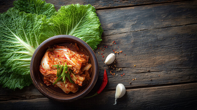 Korean Kimchi in Bowl with Fresh Napa Cabbage &ndash; Fermented Food Concept