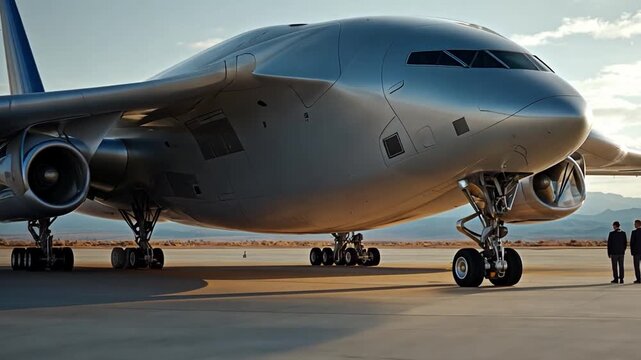 Modern Jet Airplane on Tarmac with Workers in Background Scene
