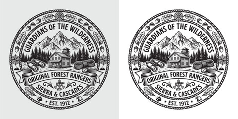 Guardians of the Wilderness Forest Rangers Vintage Badge with Lookout Cabin and Binoculars © Hamdani