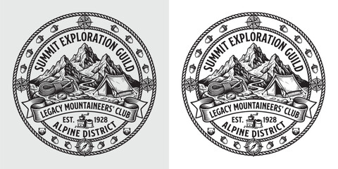 Obraz premium Summit Exploration Guild Mountaineers Club Logo with Tent Rope and Alpine District View