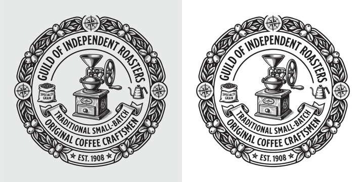 Guild of Independent Roasters Vintage Coffee Grinder Emblem with Floral Border and Compass Accents