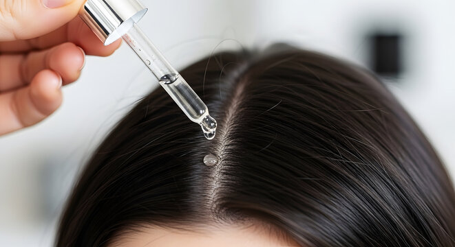 Dropper applying serum to dark hair scalp for hair growth treatment liquid
