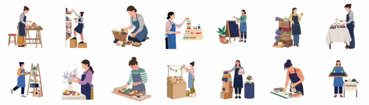 Flat vector illustrations showing female entrepreneurs crafting, packaging, and selling handmade artisan soap and natural cosmetic products in a workshop or small business setting.