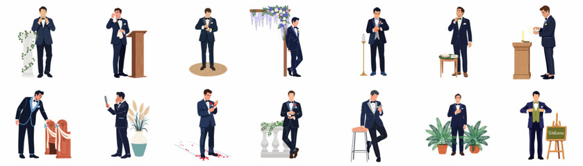 Fototapeta premium Collection of flat illustrations depicting grooms and men in formal suits in various poses and emotional moments during a wedding ceremony.