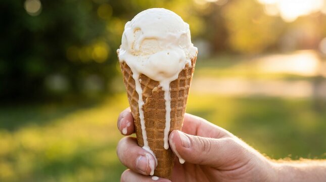 Close up of a hand holding a melting vanilla ice cream cone dripping on a hot sunny summer day.