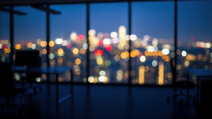 Empty corporate office with blurred city skyline view at night for overtime concept