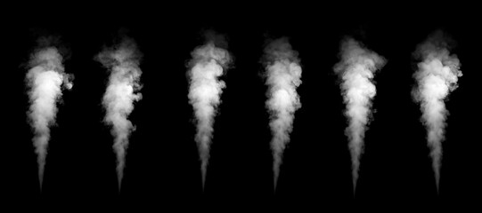 Realistic white smoke plumes rising vertically isolated on black background. Dramatic fog or steam clouds with soft diffusion and natural turbulence, ideal for cinematic overlays, visual effects. © wasan