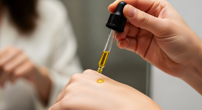 Hand applying golden serum from dropper onto skin in soft light image