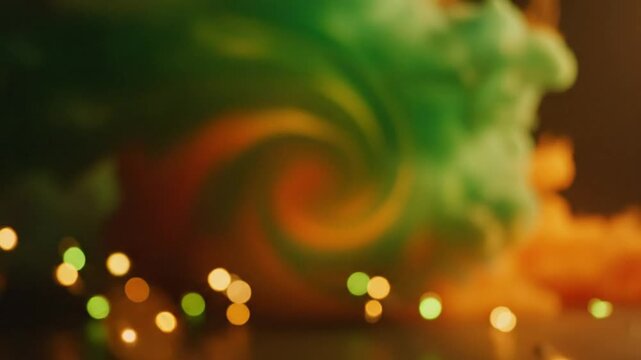 Abstract swirling green and orange clouds with bokeh lights for a vibrant artistic background