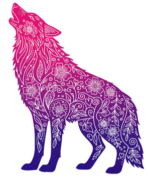 Howling Wolf Vector Illustration with Intricate Floral Mandala Patterns and Pink to Purple Gradient, Stylized Wild Animal Silhouette Isolated on White Background for T-shirt Design