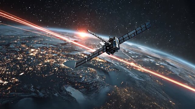 Satellite Orbiting Earth Against Cosmic Background and City Lights