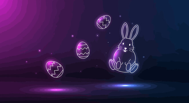 Futuristic neon outline Easter bunny with glowing eggs on a dark abstract background, conveying a magical, vibrant mood.
