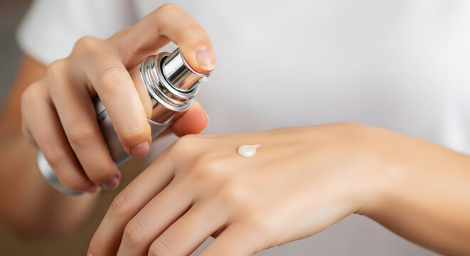 Hand applying white cream from silver pump bottle onto palm image