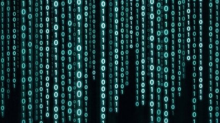 Glowing green matrix binary code streaming down a dark screen, cybersecurity and digital data concept. © Omishu Makes