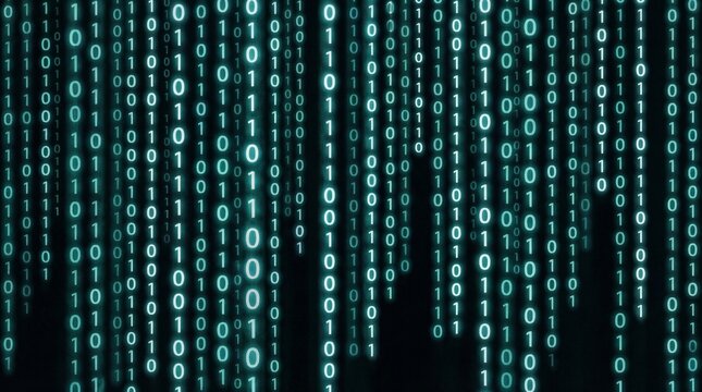 Glowing green matrix binary code streaming down a dark screen, cybersecurity and digital data concept.