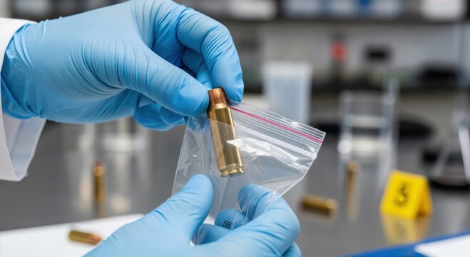 Forensic expert examining a bullet shell casing in a plastic evidence bag at a crime lab for ballistics testing