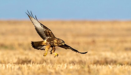 Fototapeta premium A hawk dives low over a golden field under a blue sky, wings spread wide