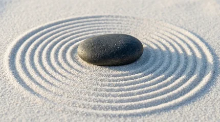 Fotobehang Rustgevend Smooth black zen stone resting on raked white sand with circular patterns, mindfulness and harmony concept.  © Omishu Makes