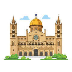 Fototapeta premium Illustrated architectural view of a historic cathedral with gold dome and towers