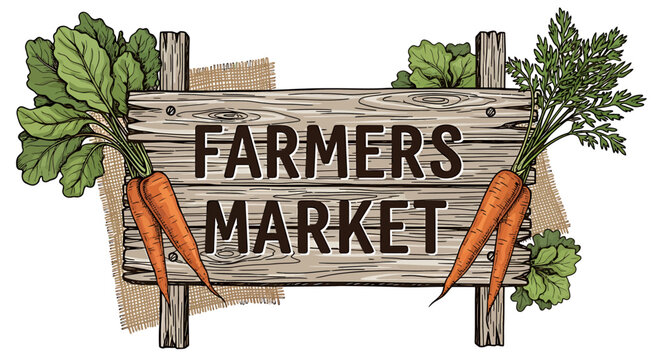 Colorful Farmers Market Wooden Sign with Fresh Carrots and Greens on an Isolated White Background