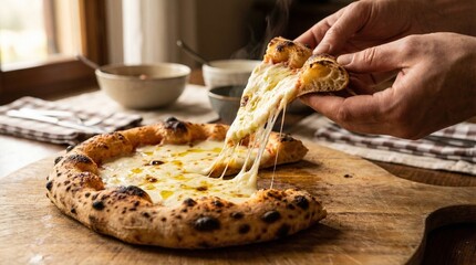 Close up of a hand lifting a hot slice of rustic pizza creating a massive melted mozzarella cheese pull.